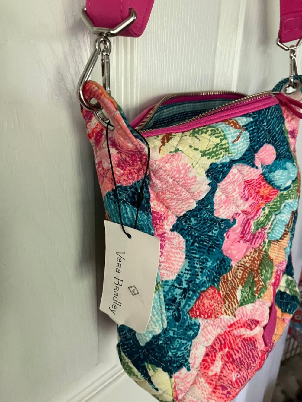 Vera Bradley Cotton Green Pink Carson Mini Hobo Crossbody Quilted Bag